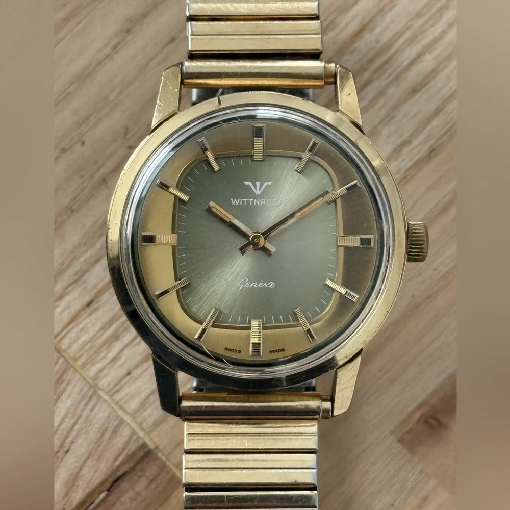 Wittnauer Geneve Ultra Rare Automatic Vintage Watch Gold Case Unique Dial Works
